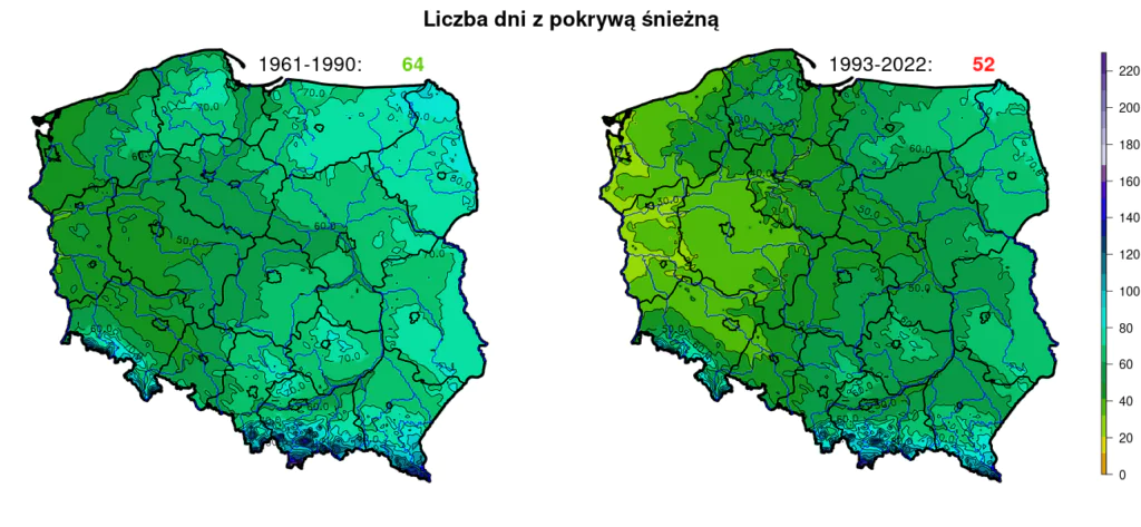 Zimy w Polsce: mapy średniej liczy dni z pokrywą śnieżną w Polsce, w trzydziestoleciu 1961-1990 i 1993-2022. 