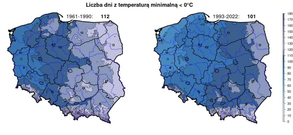 Zimy w Polsce: mapy średniej liczy dni z mrozem w Polsce, w trzydziestoleciu 1961-1990 i 1993-2022. 