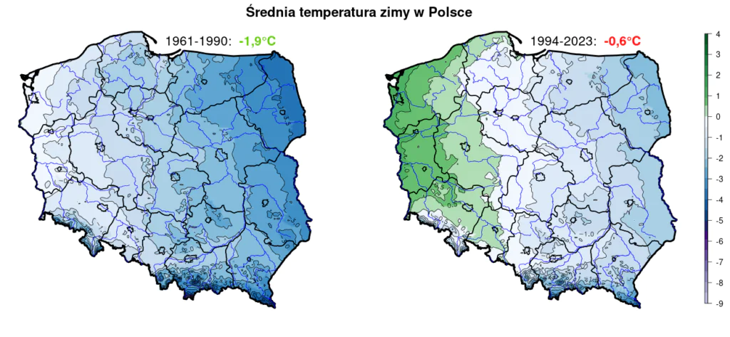 Zimy w Polsce: mapy średniej temperatury w Polsce zimą, w trzydziestoleciu 1961-1990 i 1994-2023. 
