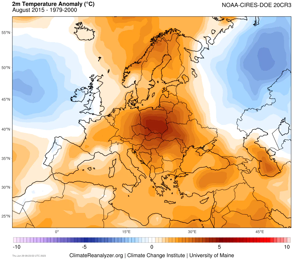 Mapa anomalii temperatury w Europie w sierpniu 2015. 