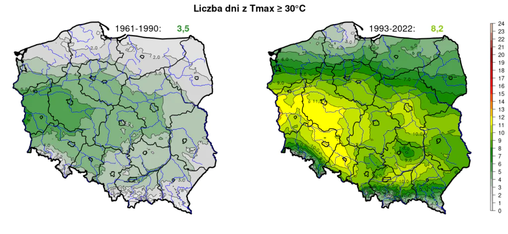 Polskie lato: mapki przedstawiające przeciętną roczną liczbę dni z temperaturą powyżej 30 stopni (po lewej w latach 1961-1990, po prawej 1993-2022). Ich liczba zwiększyła się dwukrotnie. 