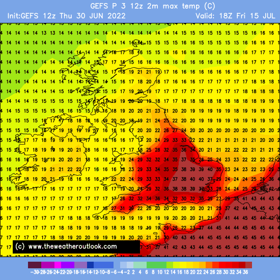 Fala upałów w Wielkiej Brytanii, 2022. Mapa pokazująca prognozę temperatury maksymalnej z 30 czerwca na 15 lipca 2022. 
