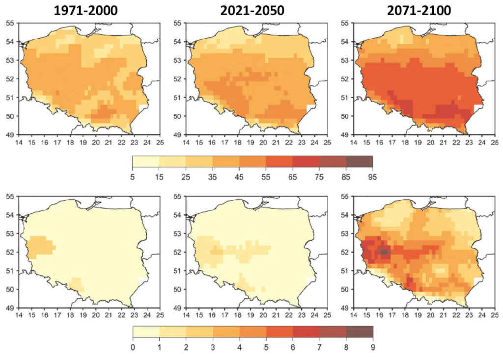 Lato w Polsce: mapy pokazujące liczbę bardzo ciepłych dni i tropikalnych nocy w Polsce w latach 1971-2000, 2021-2050 oraz 2071-2100. 