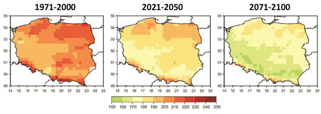 Mapy: liczba dni sezonu grzewczego w Polsce w trzydziestoleciach 1971-200, 2021-2050 i 2071-2100. 