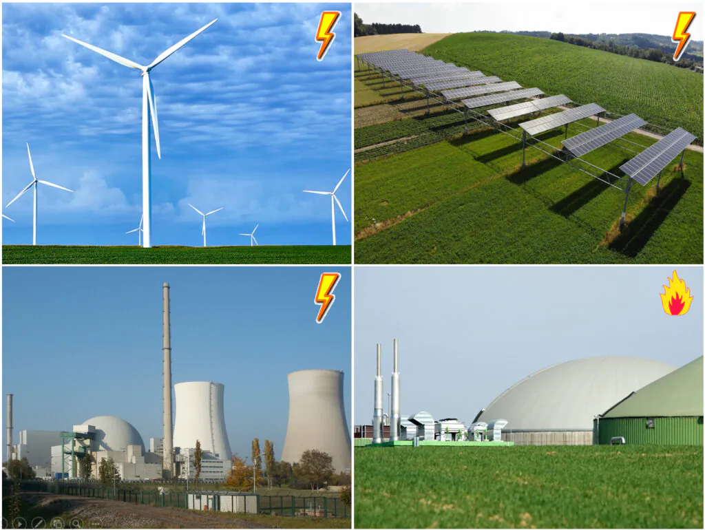 Transformacja energetyczna: kolaż zdjęć przedstawiających źródła energii, z których moglibyśmy zbudować w Polsce system energetyczny nie korzystający z paliw kopalnych. 
