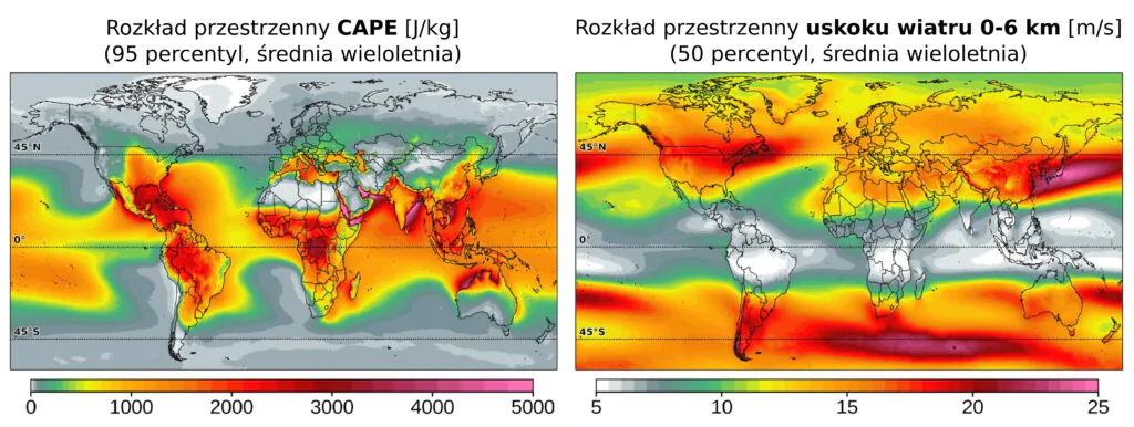 Mapy: globalne rozkłady przestrzenne CAPE oraz uskoku wiatru.
