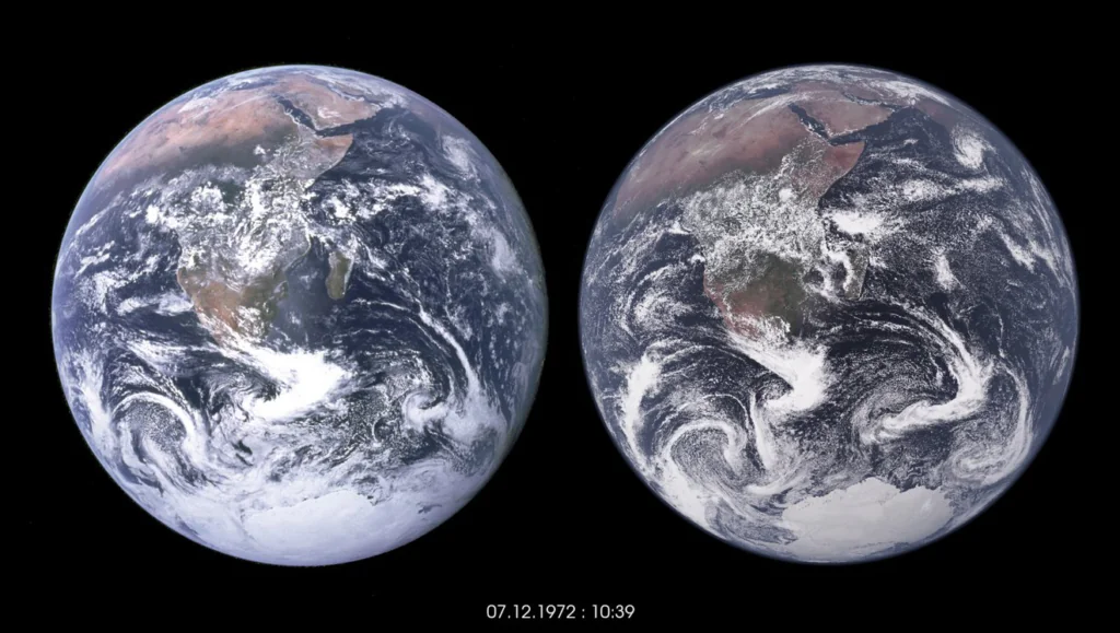 Zestawienie zdjęcia satelitarnego Ziemi i wyniku modelowania pogody dla tego samego dnia. 