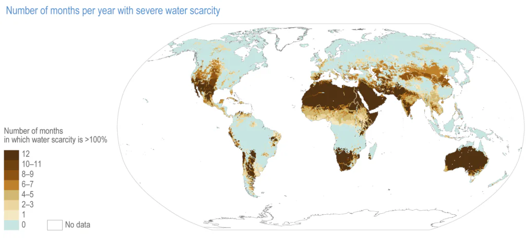 Mapa. Liczba miesięcy w roku, podczas których zapotrzebowanie na wodę przekracza jej dostępność, na podstawie danych z lat 1996-2005. 