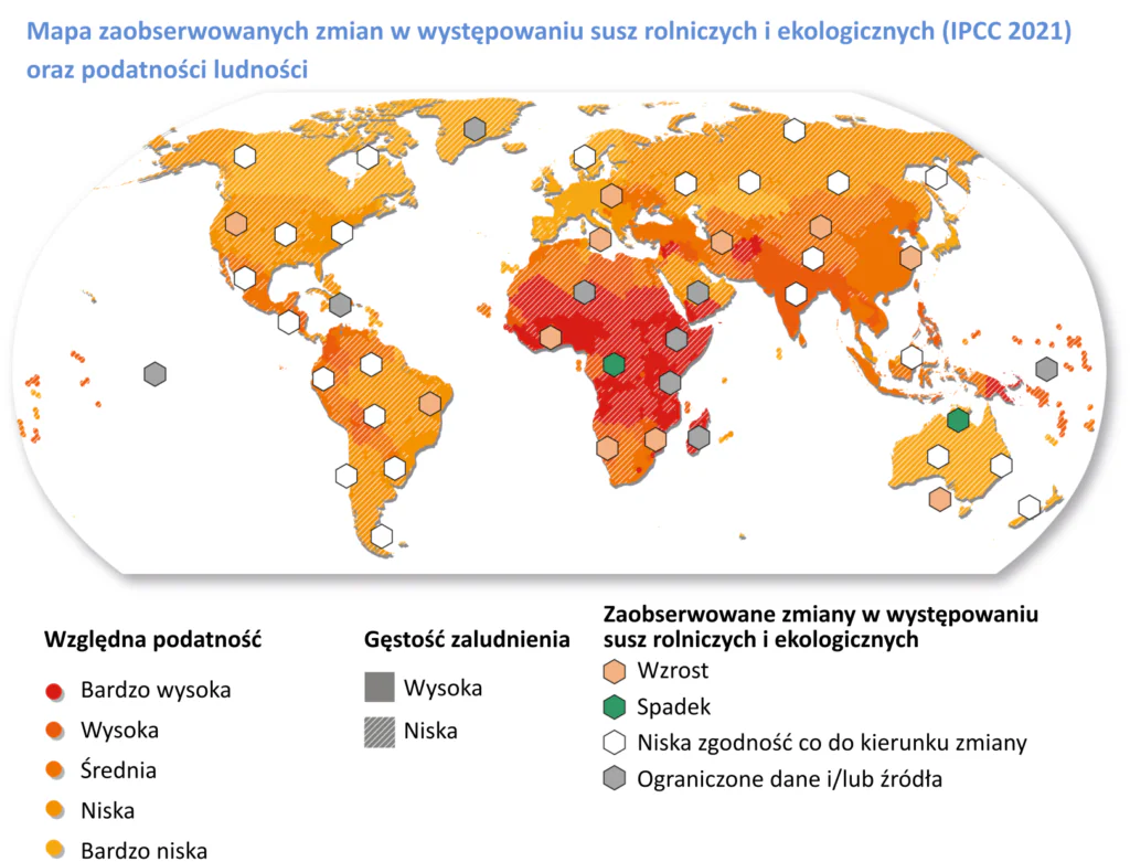 Mapa zaobserwowanych zmian w występowaniu susz rolniczych i ekologicznych na tle podatności ludności. 