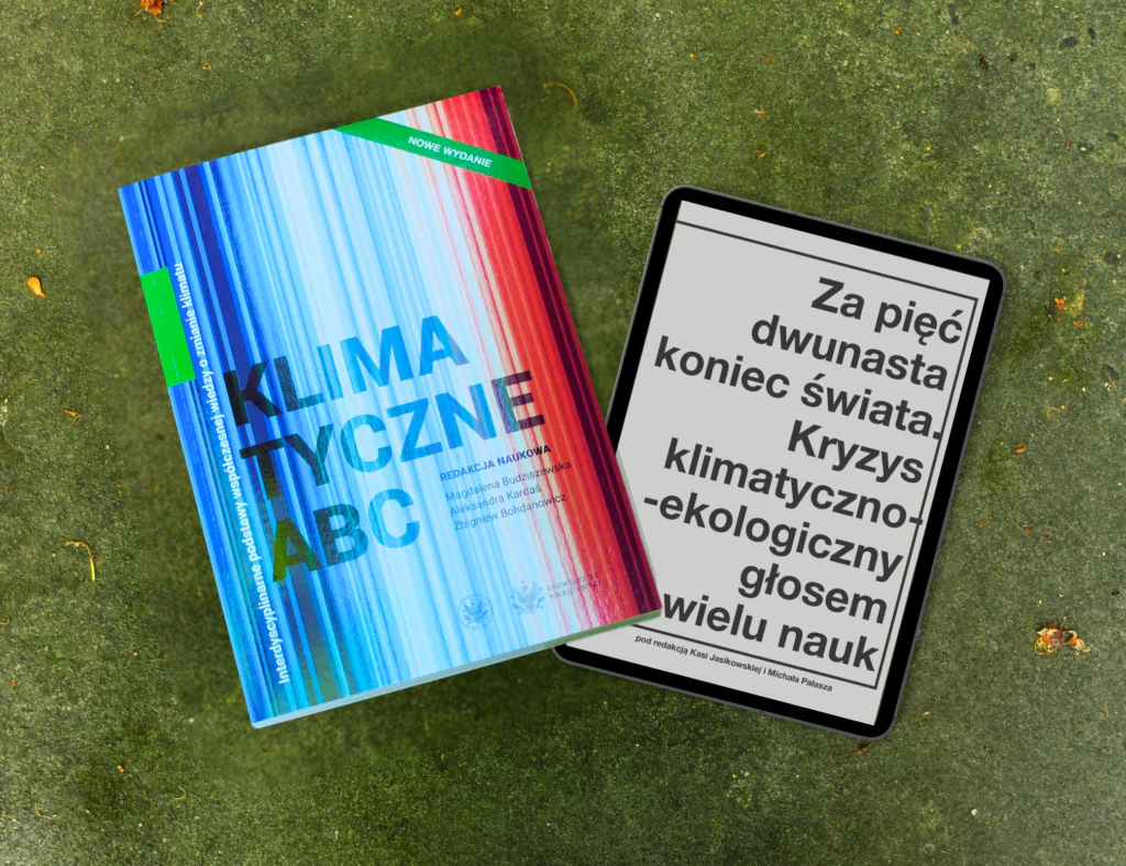 Zdjęcie książki "Klimatyczne ABC" oraz czytnika z wyświetloną okładką "Za pięć dwunasta". 