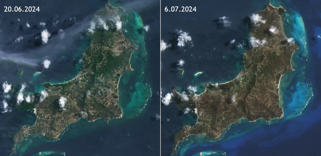 Zdjęcia satelitarne wyspy przed i po przejściu huraganu Beryl. 