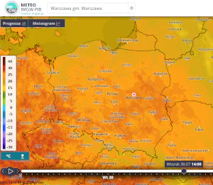 Mapa pola temperatury ze skalą barwną. 