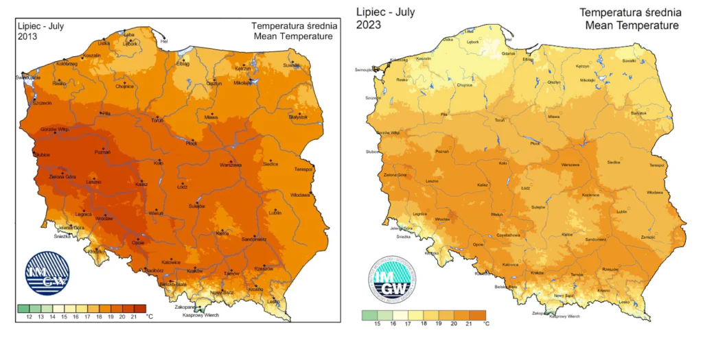 Zestawienie map średniej temperatury lipca 2013 i 2023 w Polsce udostępnianych przez IMGW. 