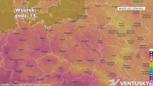 Mapa pola temperatury ze skalą barwną, dodatkowo strzałki symbolizujące wiatr. 