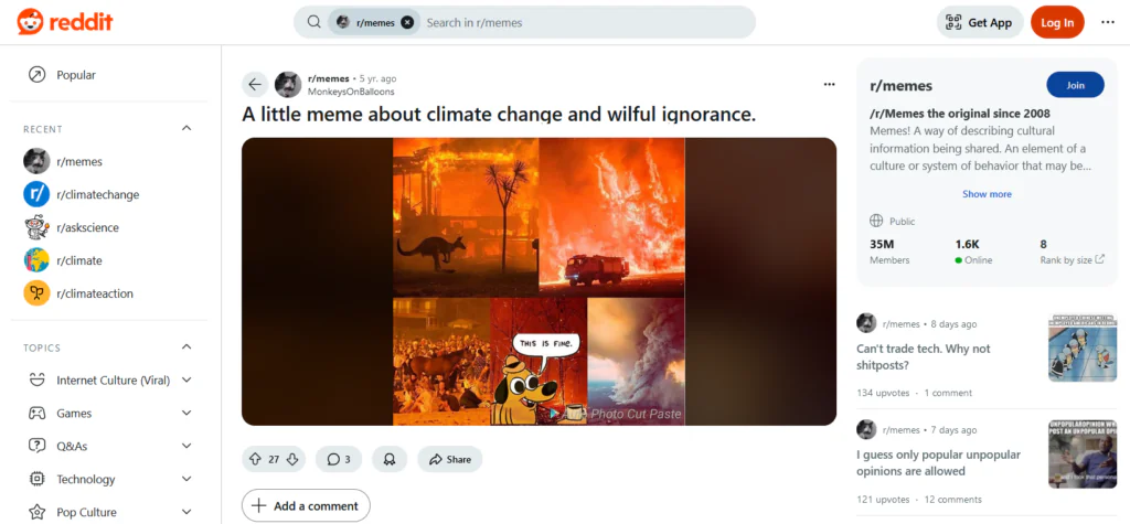 Ilustracja: zrzut ekranu z serwisu Reddit, przykład mema o zmianie klimatu.