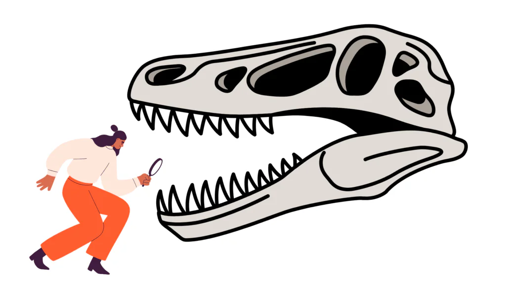 Grafika dekoracyjna: badanie zębów dinozaurów.
