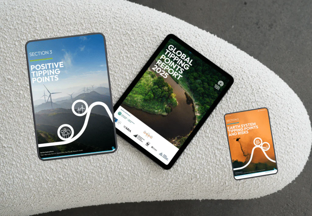 Zdjęcie: strony tytułowe raportu "Global tipping points" (Punkty krytyczne 2025). 