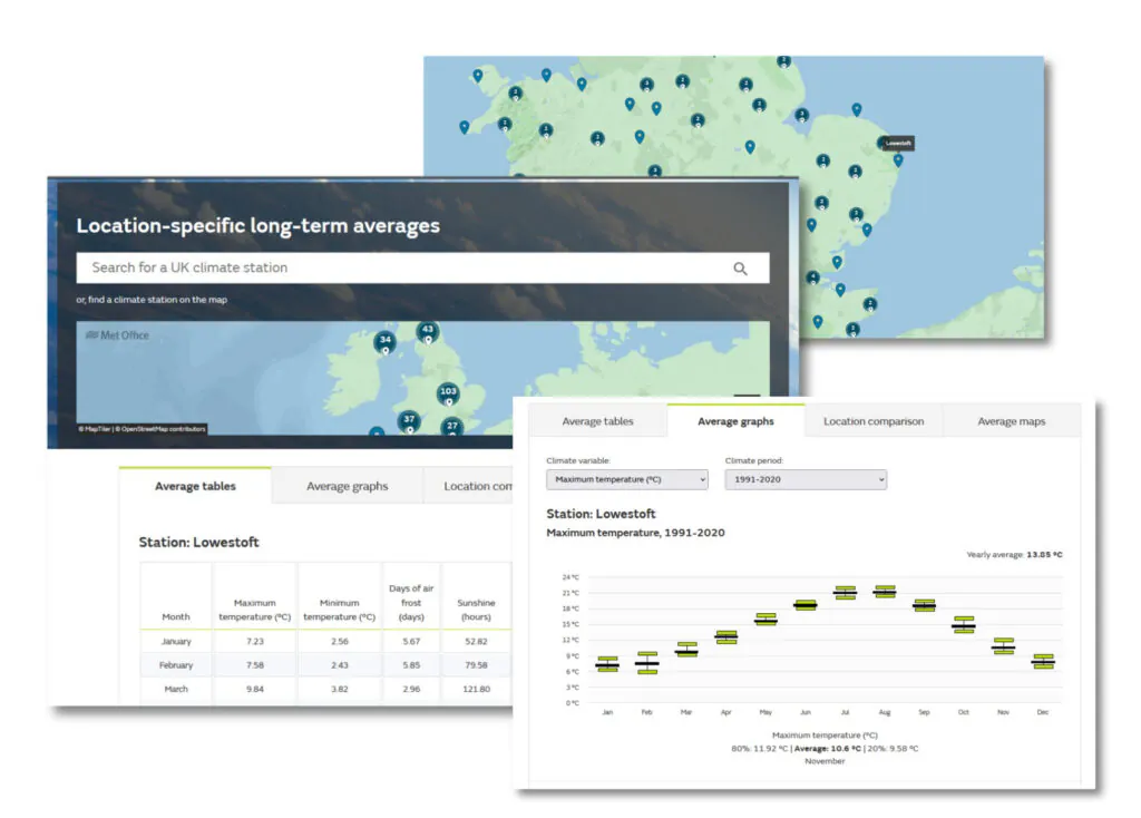 Widoki z interfejsu Met Office do przeglądania bazy HadUK-Grid.