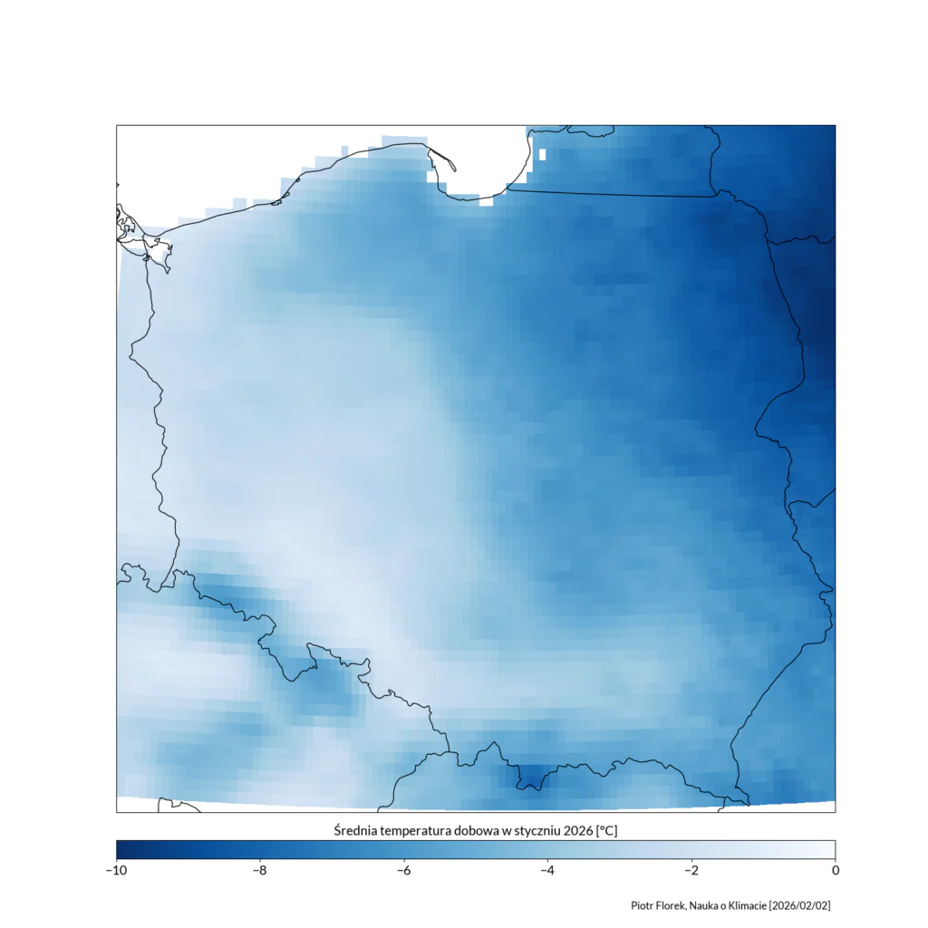 Mapa: średnie temperatury dobowe w w Polsce, styczeń 2026.