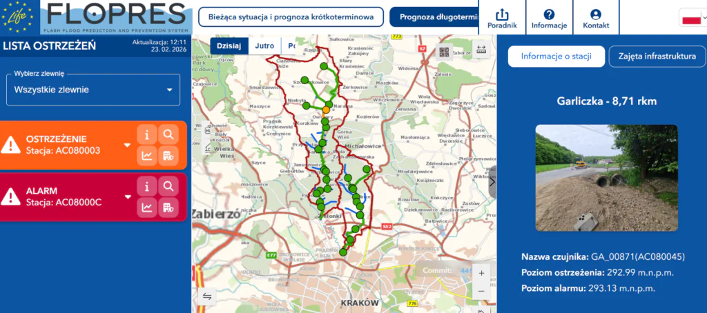Zrzut ekranu z systemu ostrzegania FLOPRES (z interaktywną mapą).