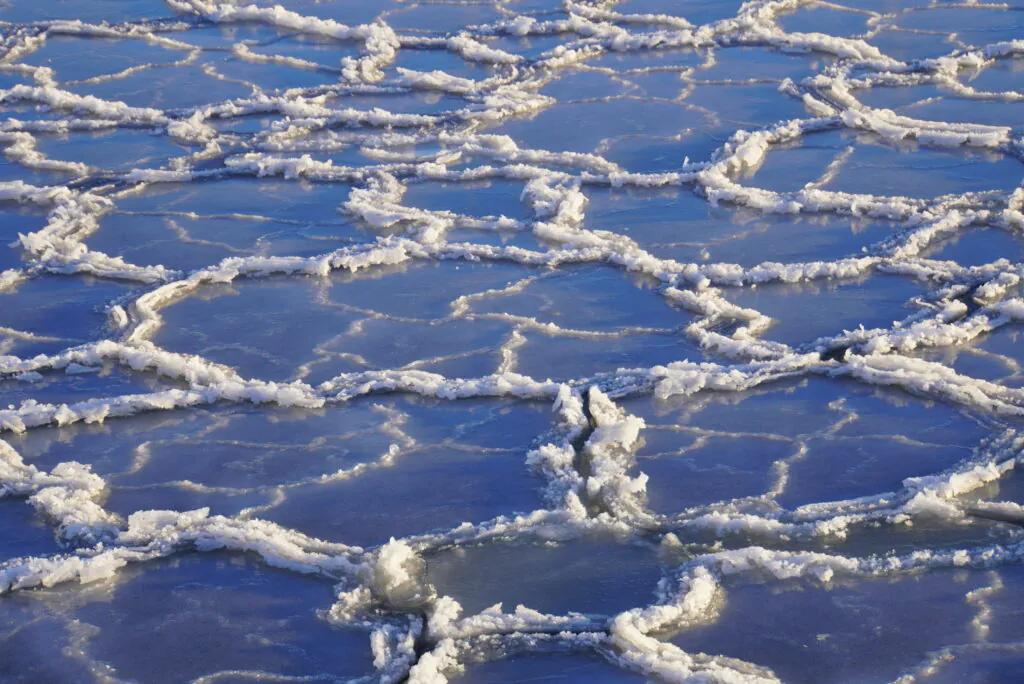 Zdjęcie: lód morski na wybrzeżu Sopotu, kry lodowe z podniesionymi brzegami pokrytymi pokruszonym lodem.
