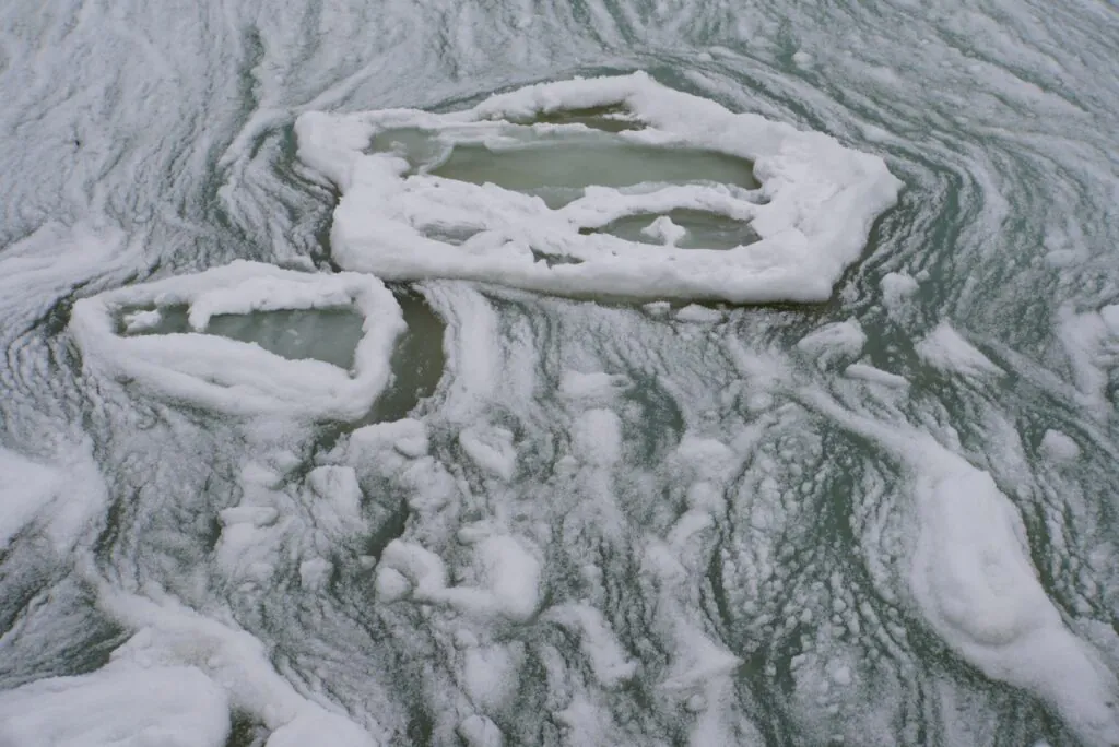 Zdjęcie: lód morski na wybrzeżu Orłowa, kry z sadzawkami wody na powierzchni, pomiędzy krami śryż, śnieg i woda.