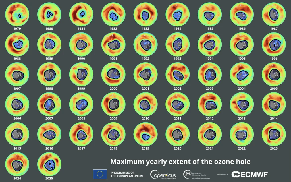 Zestaw map pokazujących maksymalny zasięg dziury ozonowej w ciągu roku w latach 1979-2025.